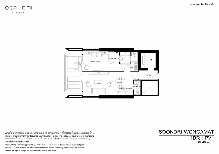 Soondri Wongamat แปลนห้อง — PV1 · พูลวิลลา 1 ห้องนอน · 65.1–69.4 ตร.ม. · ชั้น 3–7